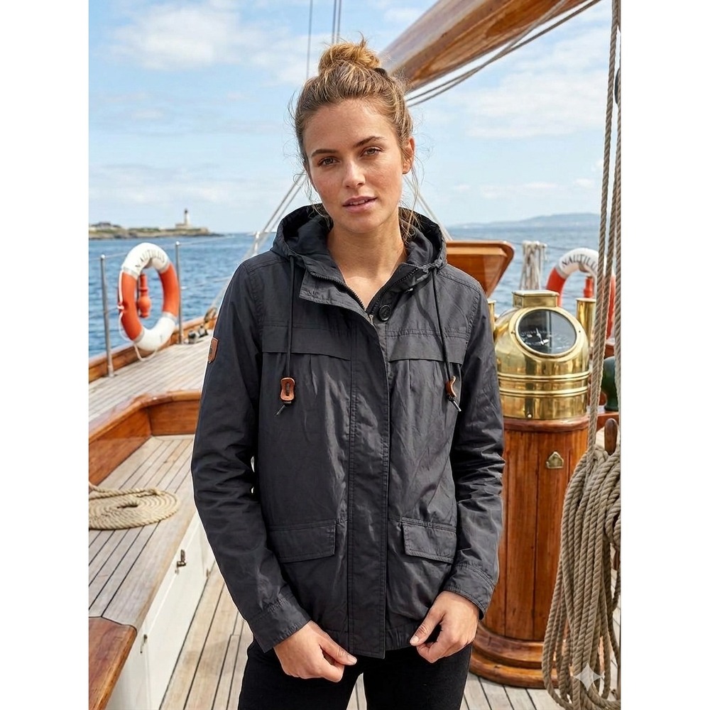 Nautical Sailing Coastal Black Hooded Windbreaker Jacket Fleece Lined Small